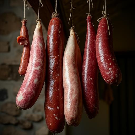 Salumi tradizionali valdostani appesi a stagionare
