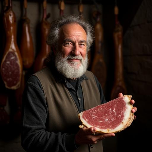L'anziano mastro salumiere Nonno Lio con i suoi salumi